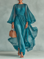 Women's Chiffon Maxi Dress with Round Neckline and Long Sleeves, featuring an Adjustable Waist
