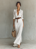 Long Maxi Dress with Lapel Collar and Included Belt