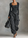 Two-Piece Set with Long-Sleeve Square Neck T-Shirt and Multi-Pocket Cargo Pants