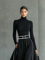 Black Maxi Dress with White Stitching, High Neck, Long Sleeves, and Fitted Belt
