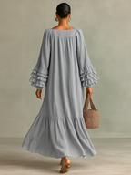 Women’s Pleated Chiffon Maxi Dress with Long Sleeves and Ruffles