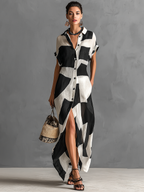 Maxi Shirt Dress in Chiffon for Women with Irregular Geometric Print, Lapel Collar, Short Sleeves, and Single Button