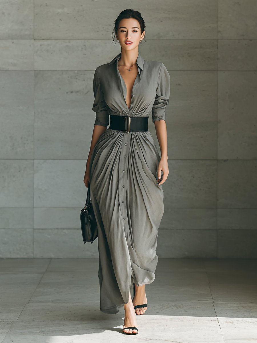 Maxi Dress with Notched Collar and Long Sleeves