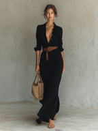 Long Maxi Dress with Lapel Collar and Included Belt