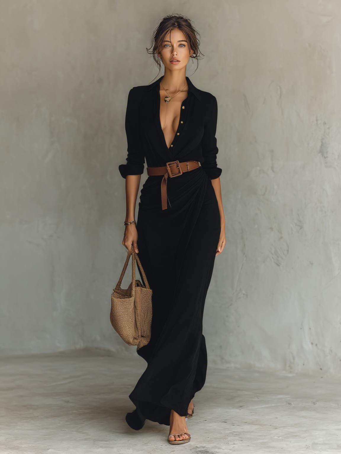 Long Maxi Dress with Lapel Collar and Included Belt