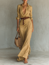 Long Maxi Dress with Lapel Collar and Included Belt