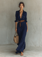 Long Maxi Dress with Lapel Collar and Included Belt