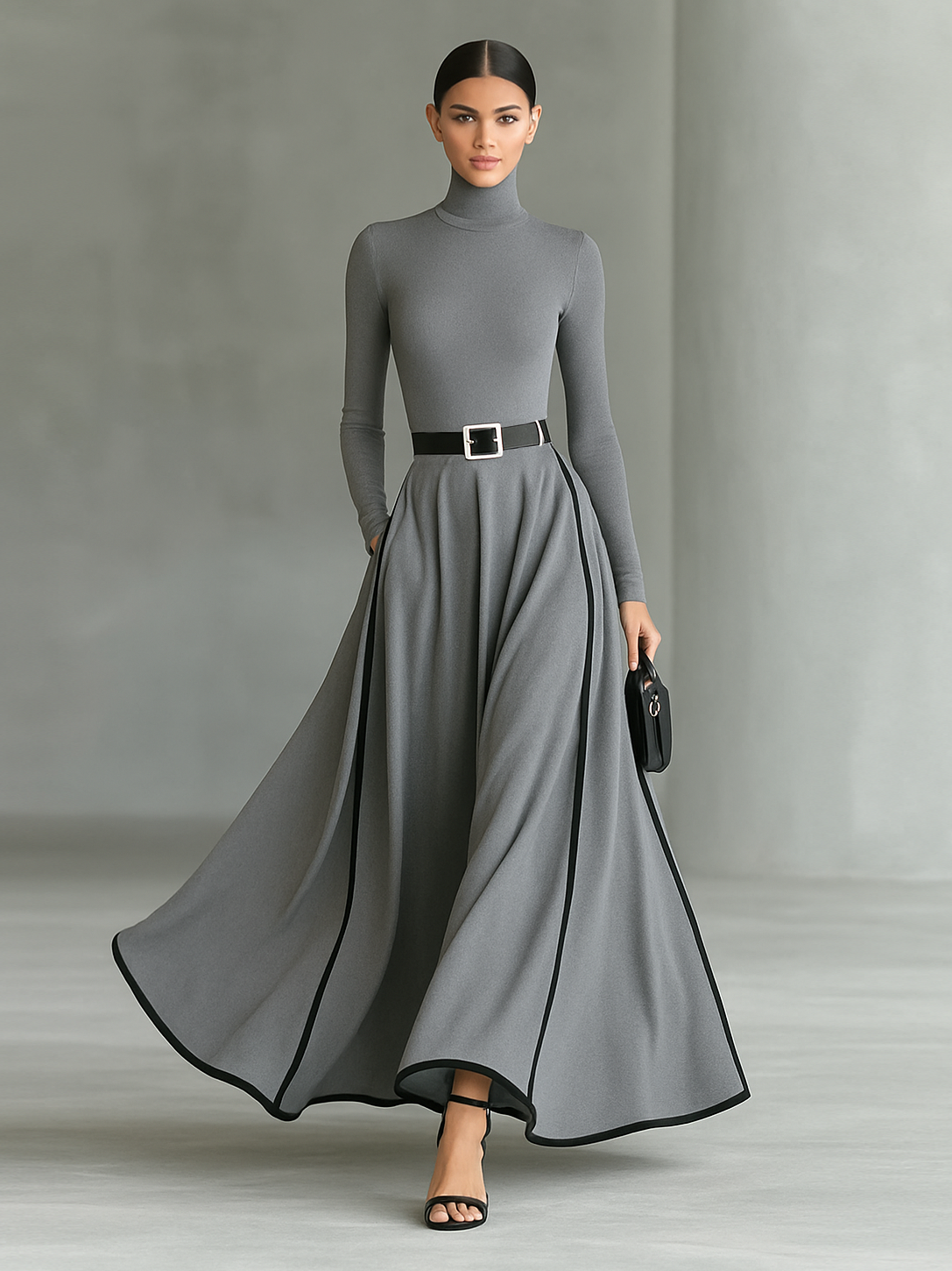 Black Maxi Dress with White Stitching, High Neck, Long Sleeves, and Fitted Belt