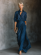 Dark Blue Long Skirt and Elegant Shirt Set in Cotton-Linen