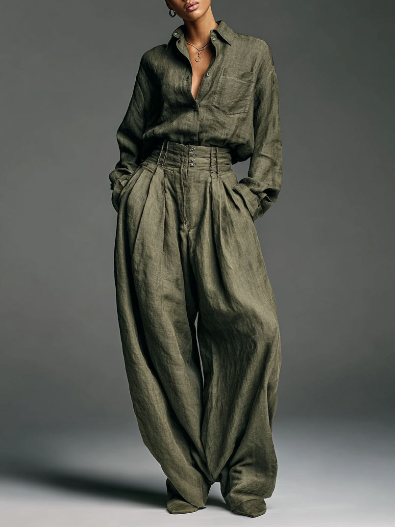 Women's Two-Piece Set in Cotton and Linen with Long-Sleeve Shirt and Wide-Leg Pants