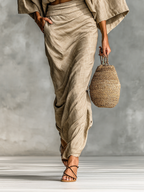Two-Piece Set with Long Skirt and Batwing Sleeves in Cotton-Linen