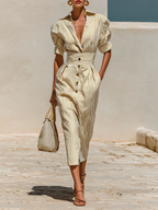 Women's Striped Midi Dress with Collar and Short Sleeves