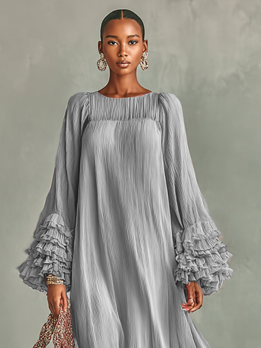 Women’s Pleated Chiffon Maxi Dress with Long Sleeves and Ruffles