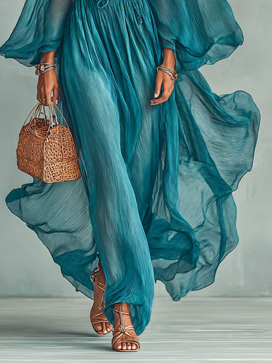 Women's Chiffon Maxi Dress with Round Neckline and Long Sleeves, featuring an Adjustable Waist
