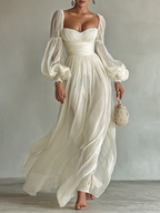 Women's Chiffon Maxi Dress with Square Neckline and Long Sleeves