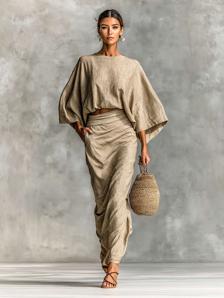Two-Piece Set with Long Skirt and Batwing Sleeves in Cotton-Linen
