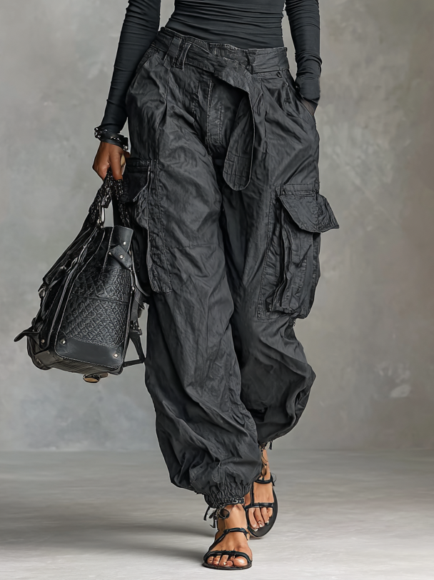 Two-Piece Set with Long-Sleeve Square Neck T-Shirt and Multi-Pocket Cargo Pants