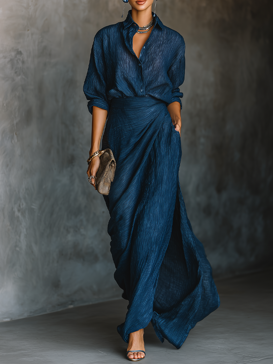Dark Blue Long Skirt and Elegant Shirt Set in Cotton-Linen