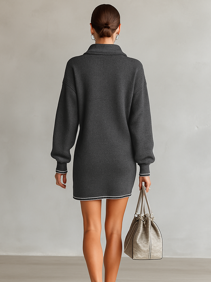 Wide-Knit Mini Dress with Polo Collar and Zipper