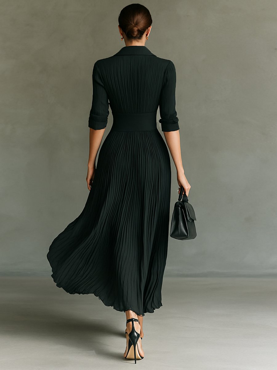 Long Sleeve Maxi Dress with Lapel Collar and Pleats