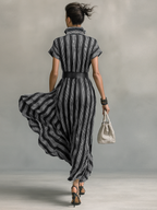 Women's Printed Striped Chiffon Maxi Dress with Collar, Short Sleeves, and Belt