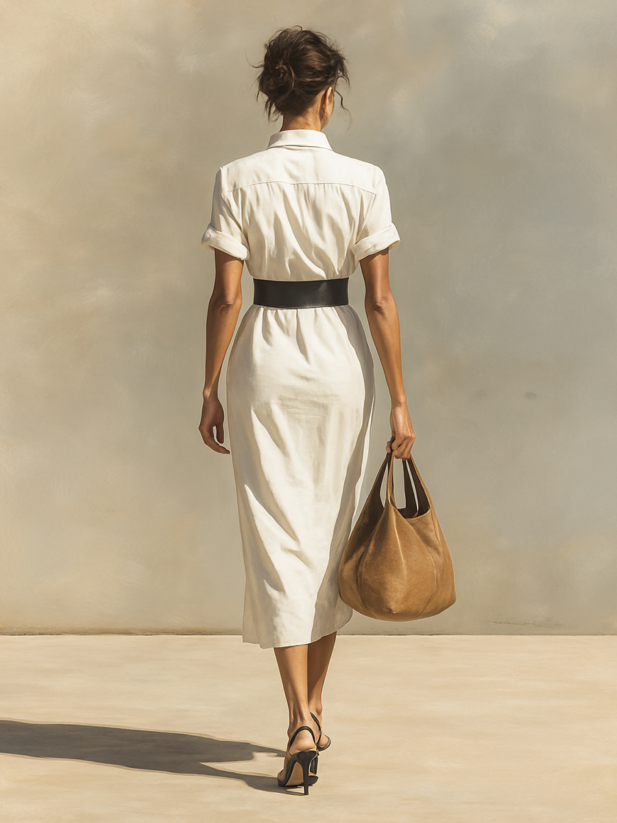 Women’s Dress with Short Sleeves, Collar, and Belt