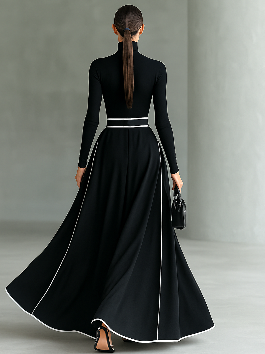 Black Maxi Dress with White Stitching, High Neck, Long Sleeves, and Fitted Belt