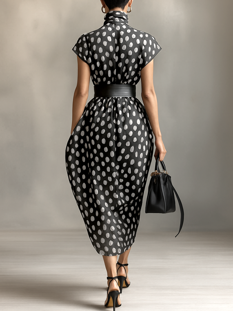 Chiffon Maxi Dress with Polka Dot Print and High Neck