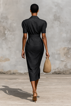 Women’s Monochrome Midi Dress with V-Neck and Short Sleeves