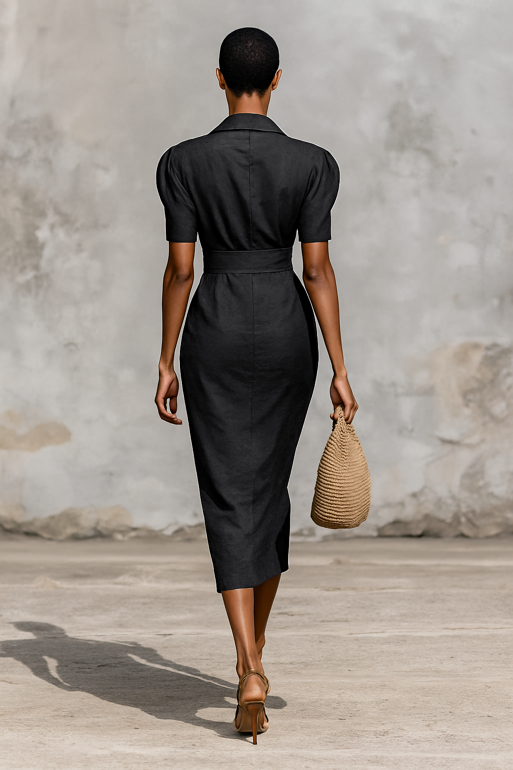 Women’s Monochrome Midi Dress with V-Neck and Short Sleeves