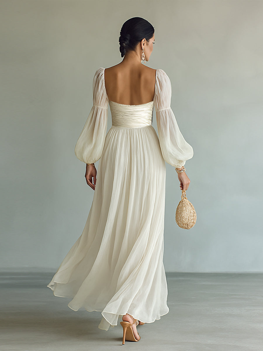 Women's Chiffon Maxi Dress with Square Neckline and Long Sleeves