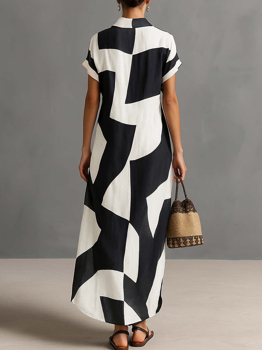 Maxi Shirt Dress in Chiffon for Women with Irregular Geometric Print, Lapel Collar, Short Sleeves, and Single Button