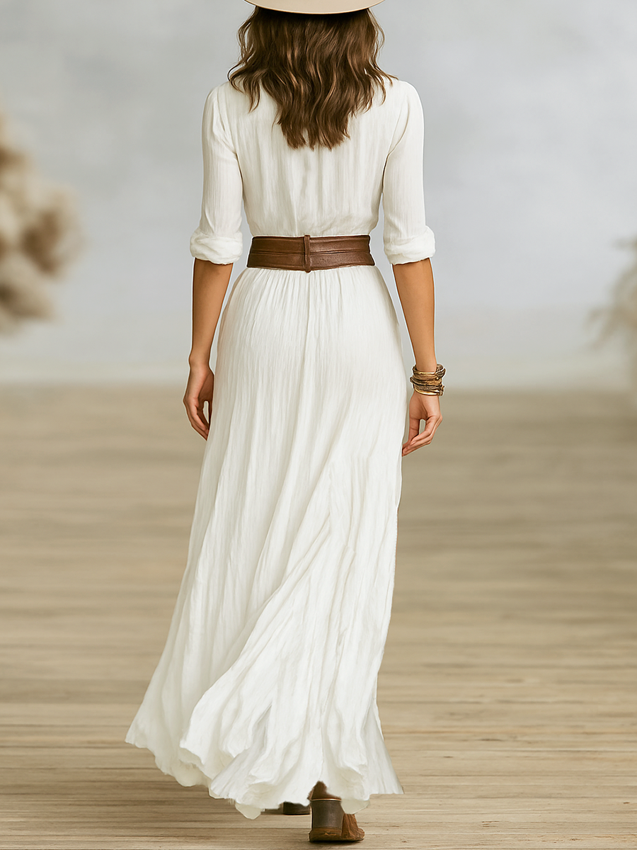 Women’s Long Maxi Dress in Cotton-Linen Blend with Lapel Collar