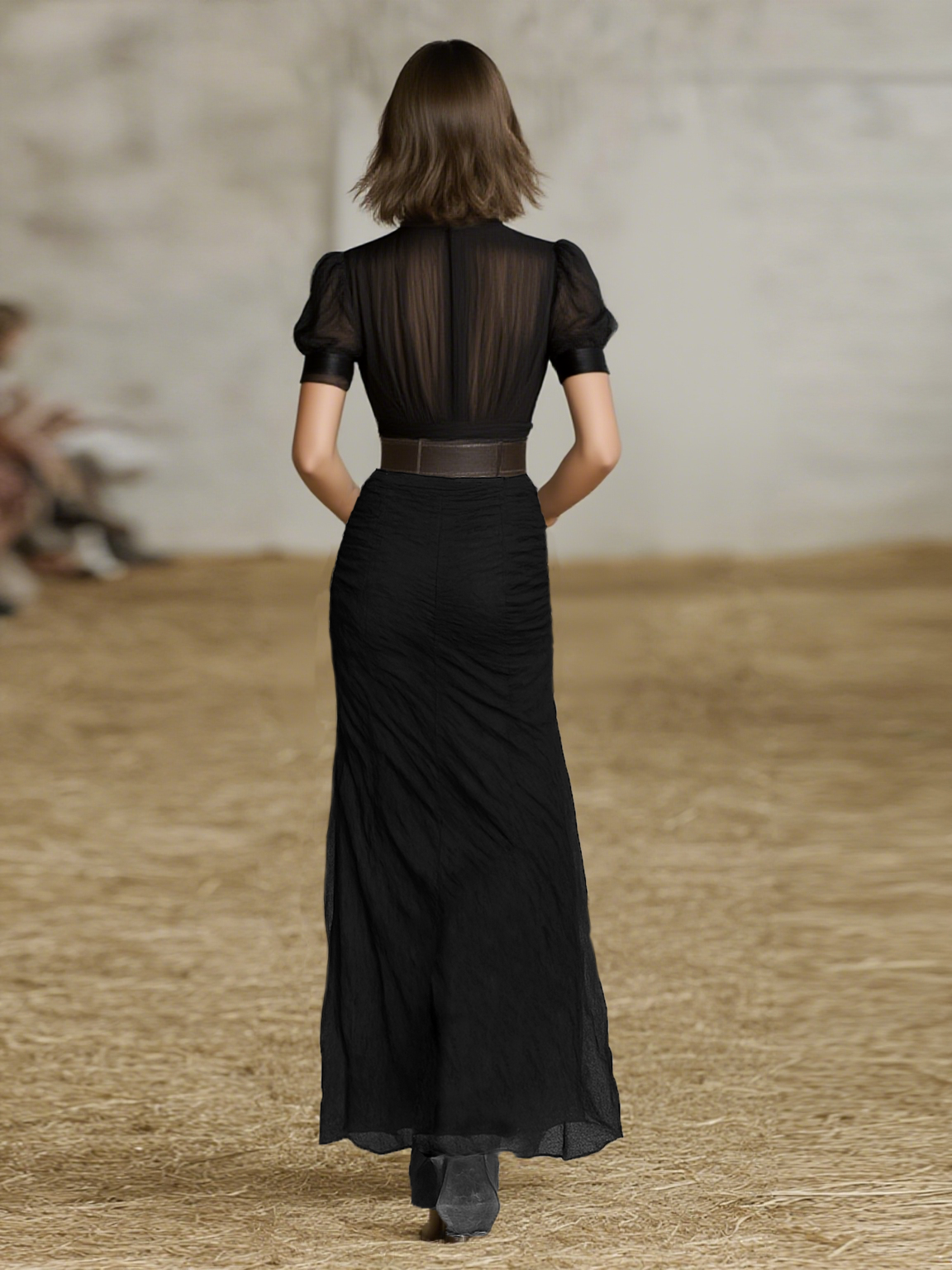 Pleated Chiffon Maxi Dress with Lapel Collar and Short Sleeves