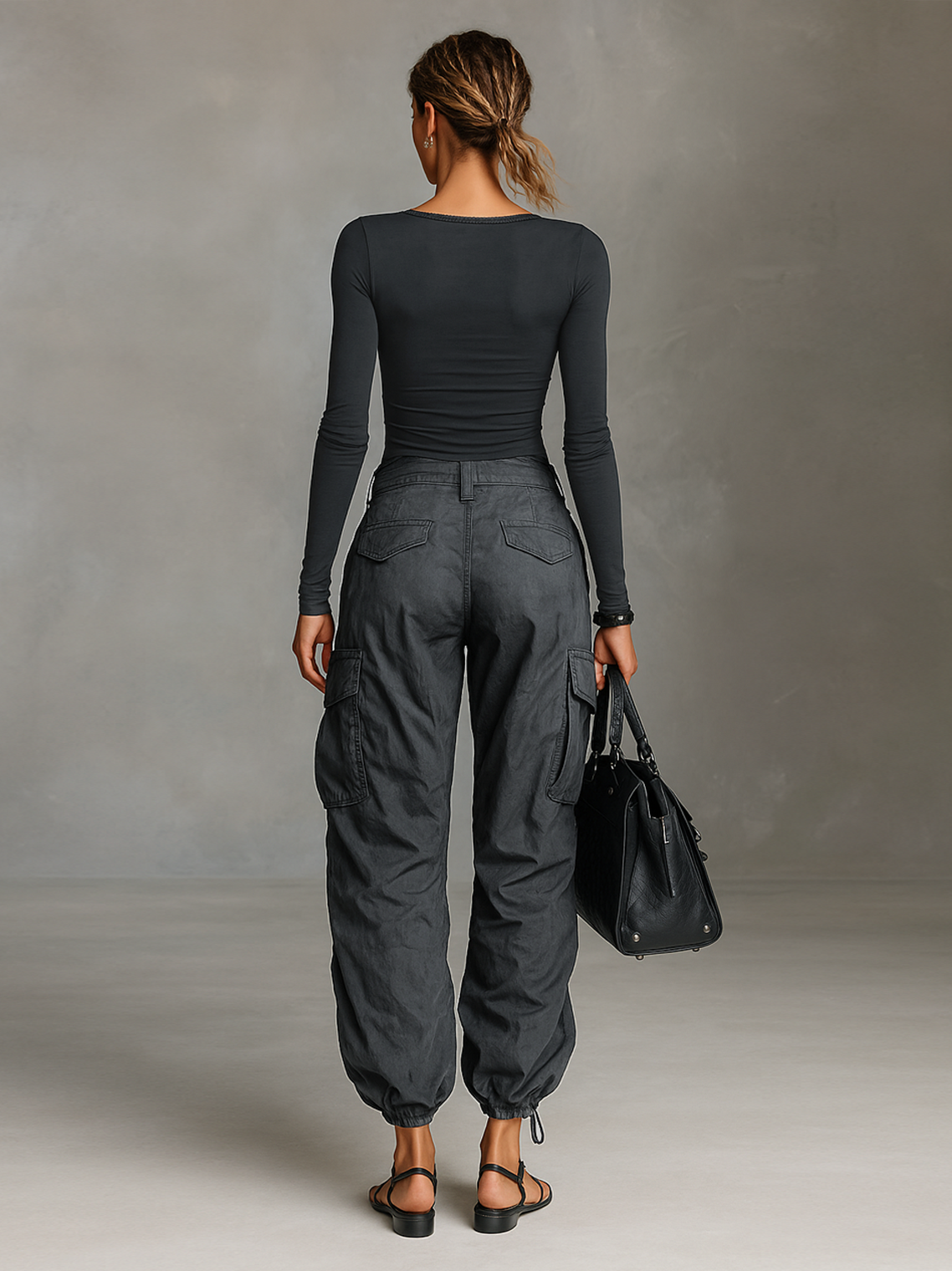 Two-Piece Set with Long-Sleeve Square Neck T-Shirt and Multi-Pocket Cargo Pants