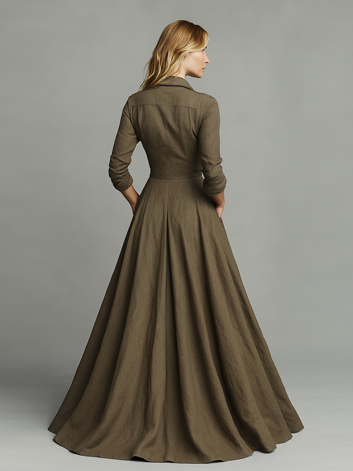 Women’s Vintage Cotton-Linen Maxi Dress with Shirt Design
