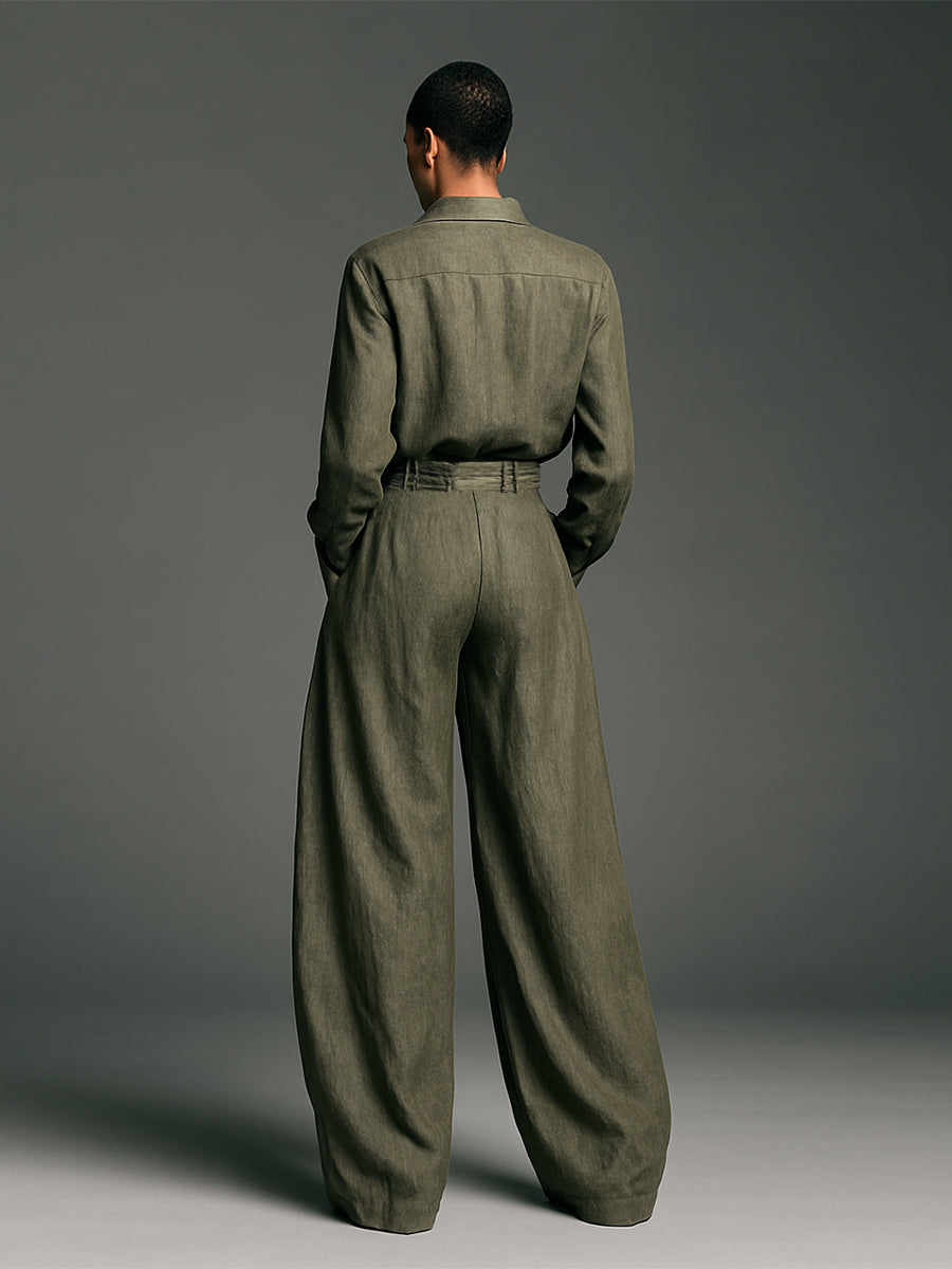 Women's Two-Piece Set in Cotton and Linen with Long-Sleeve Shirt and Wide-Leg Pants