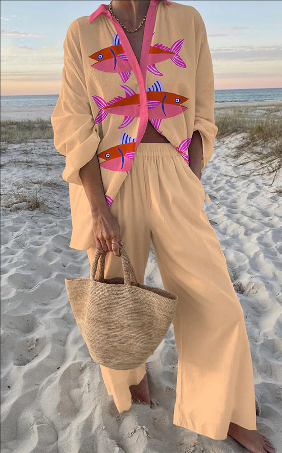 Evalisse™ | Pink Fish Print Linen Set