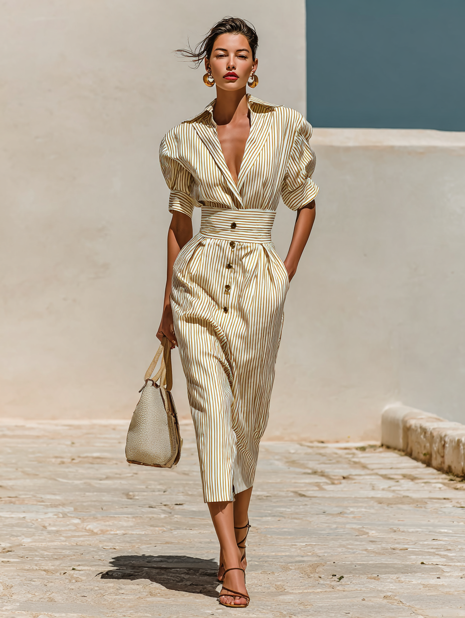 Women's Striped Midi Dress with Collar and Short Sleeves