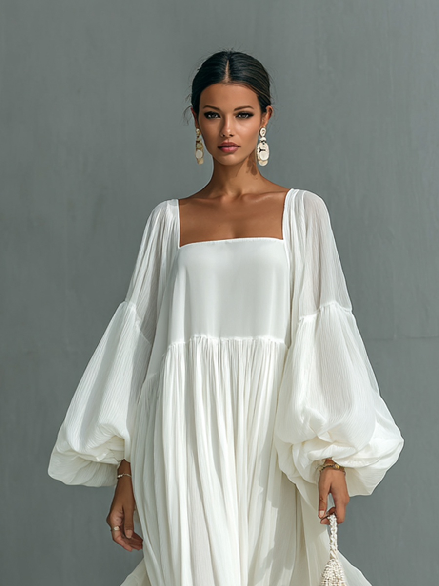Pleated Maxi Dress with Lantern Sleeves and Lapel Collar