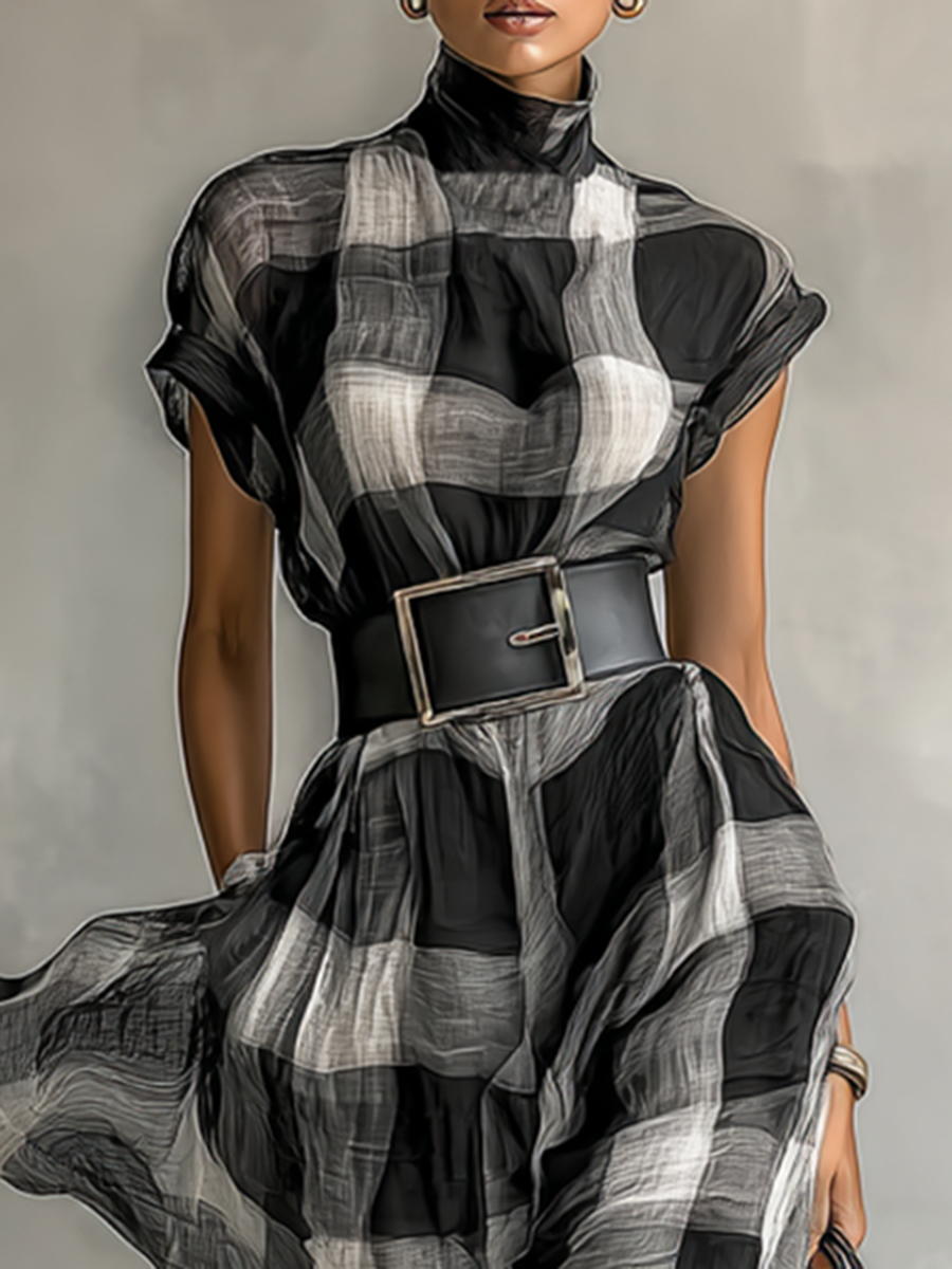 Checkered Chiffon Maxi Dress with High Neck and Short Sleeves