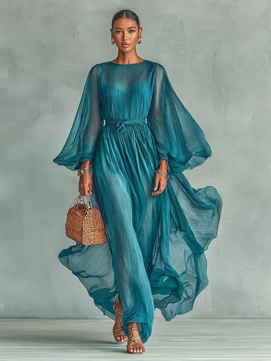 Women's Chiffon Maxi Dress with Round Neckline and Long Sleeves, featuring an Adjustable Waist