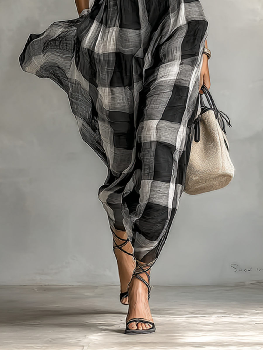 Checkered Chiffon Maxi Dress with High Neck and Short Sleeves