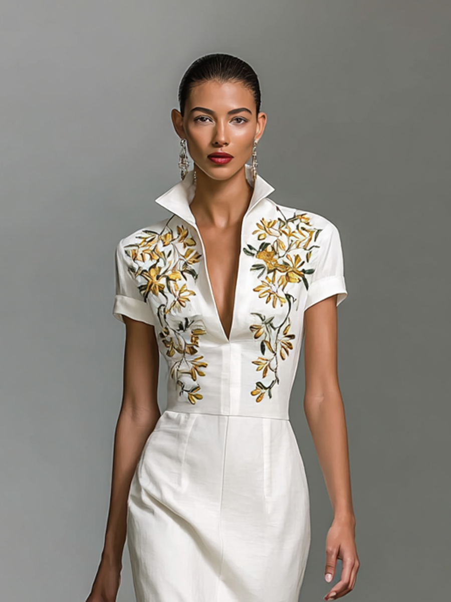 Women's Embroidered Midi Dress with V-Neckline and Short Sleeves