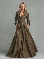 Women’s Vintage Cotton-Linen Maxi Dress with Shirt Design