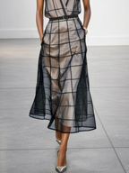 Sleeveless Checkered Tulle Maxi Dress with Collar and Belt