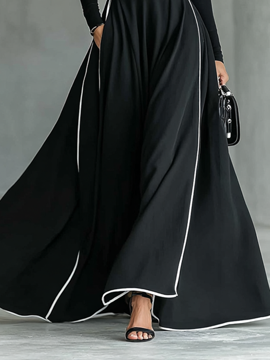 Black Maxi Dress with White Stitching, High Neck, Long Sleeves, and Fitted Belt