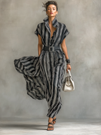 Women's Printed Striped Chiffon Maxi Dress with Collar, Short Sleeves, and Belt