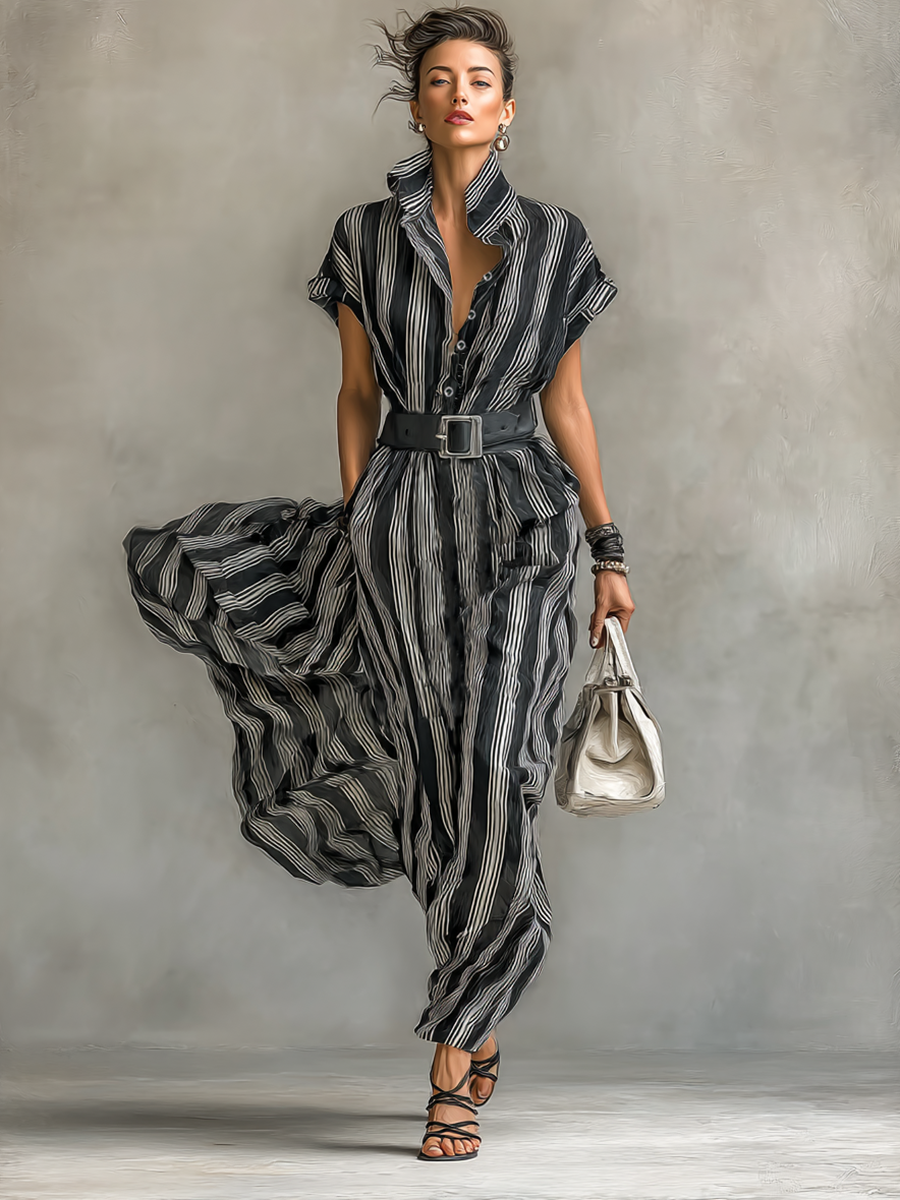 Women's Printed Striped Chiffon Maxi Dress with Collar, Short Sleeves, and Belt