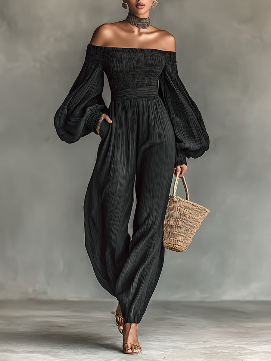 Women's Pleated Fabric Jumpsuit with Off-Shoulder Design and Long Sleeves